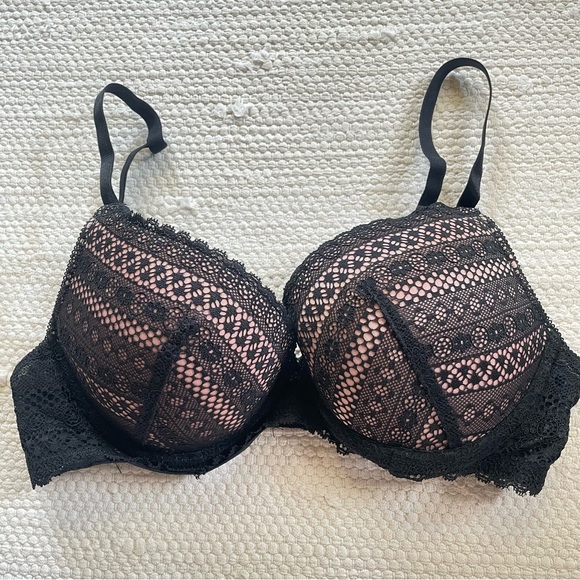 H&M Lace Black Pink Underwire Padded Push Up Bra Size 34B - Picture 1 of 5